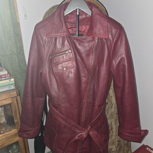 Gorgeous WHET BLU Burgundy Leather Belted Jacket for Women XL